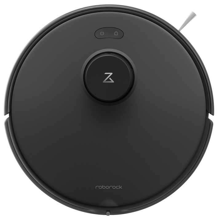 Czarny, okrągły robot odkurzający z przyciskiem i logo na górze.
