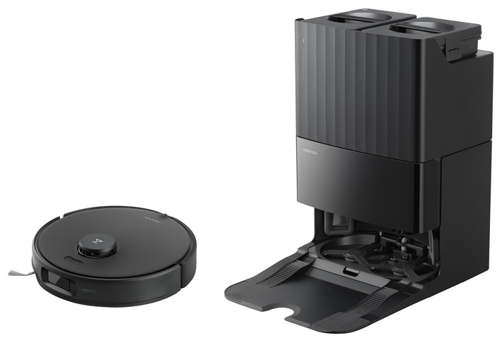 Czarny odkurzacz robot i stacja ładująca. Stacja ma dwa przedziały.