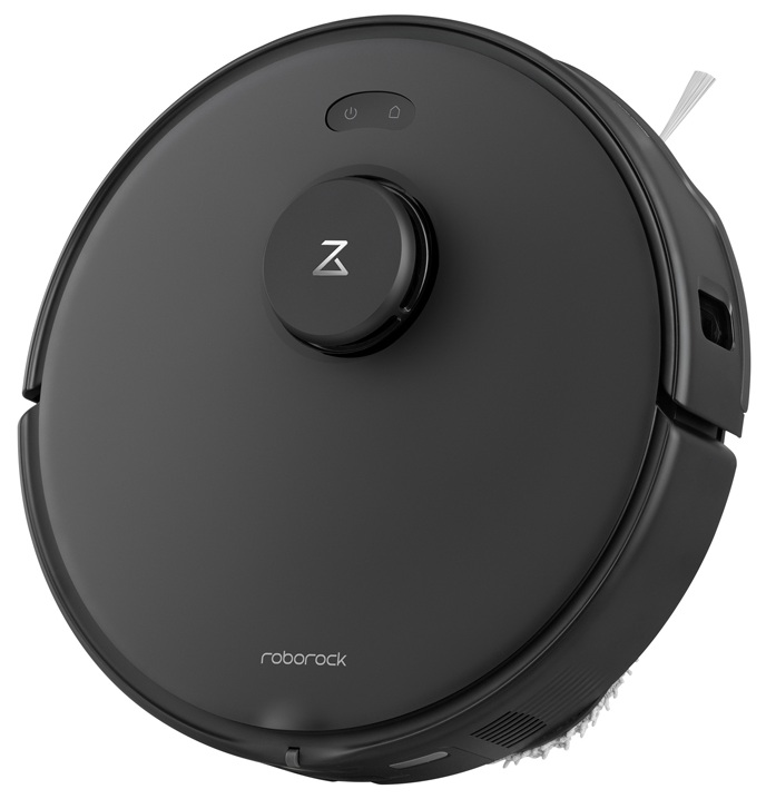 Czarny robot odkurzający. Ma okrągły kształt z centralnym przyciskiem i szczotką boczną.