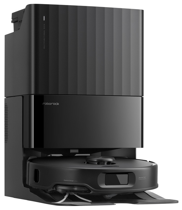 Czarny robot odkurzający i stacja dokująca. Robot jest na dole, a stacja na górze.