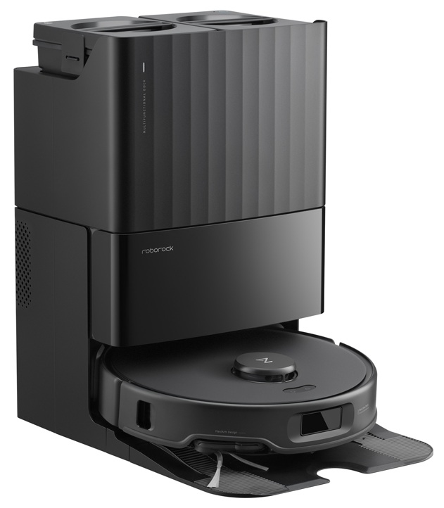 Czarny odkurzacz i stacja ładująca, na białym tle.