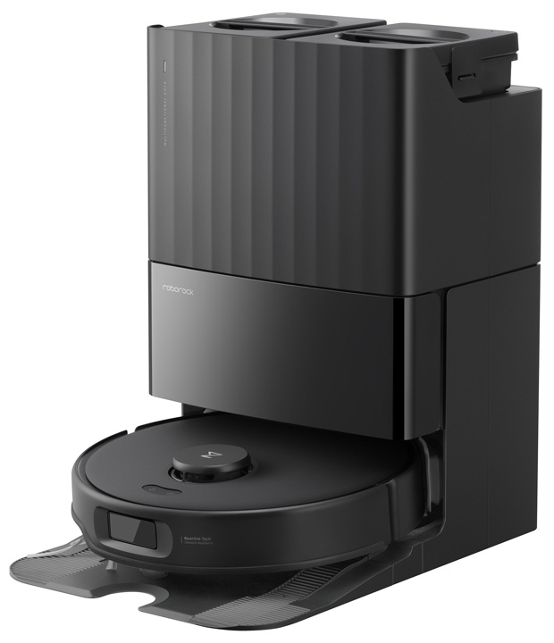 Czarny robot odkurzający z stacją dokującą. Widok z przodu.