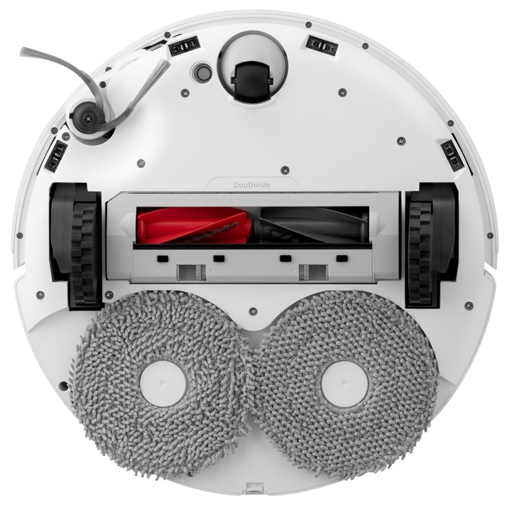 Robot odkurzający, widok od dołu. Posiada koła, szczotki i pady czyszczące.