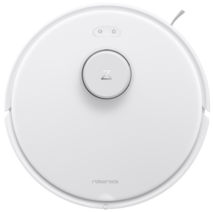Biały odkurzacz robot z centralnym przyciskiem i nazwą marki 'roborock' na dole.