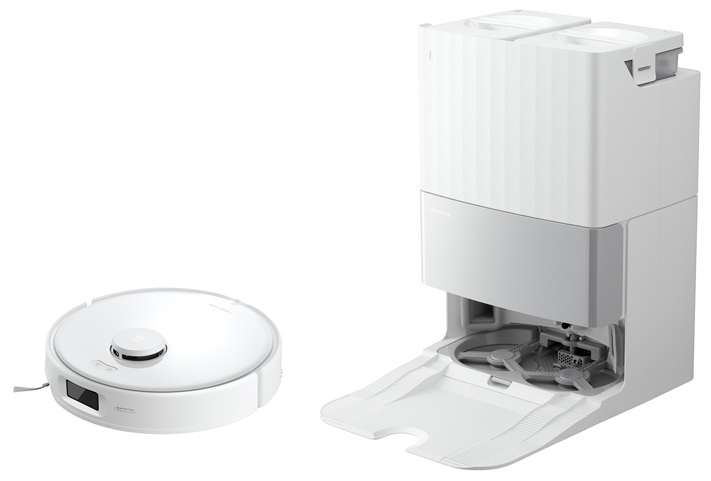 Biały odkurzacz Roborock i jego stacja ładująca.