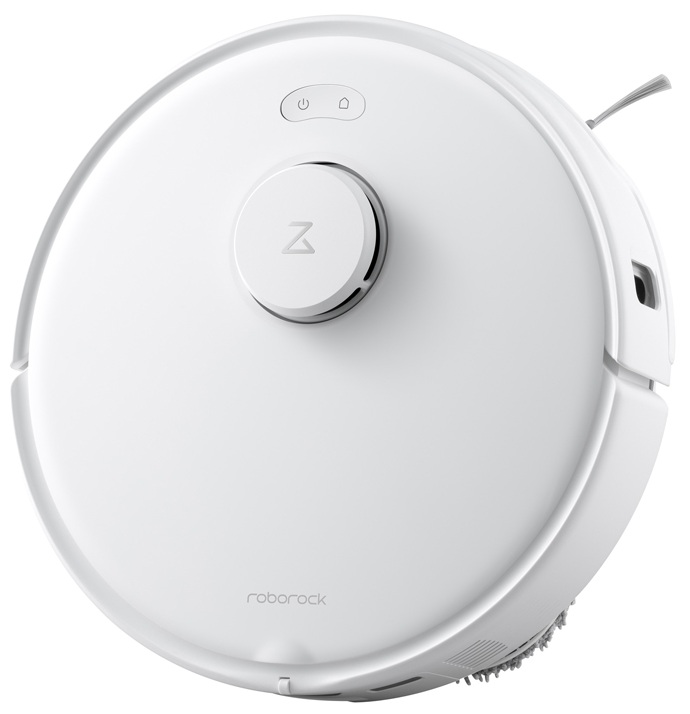 Biały, okrągły odkurzacz automatyczny. Na górze przyciski zasilania i powrotu do bazy oraz centralne logo.