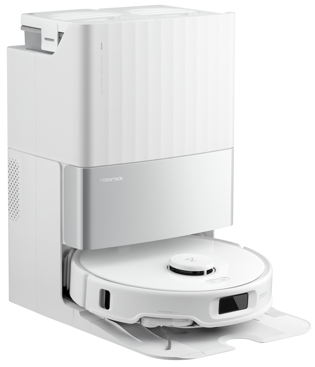 Biały odkurzacz robot Roborock i mop ze stacją czyszczącą.