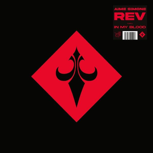 Albumcover mit roter Raute, schwarzem Hintergrund. Der Titel ist Rev, In My Blood, von Aime Simone.