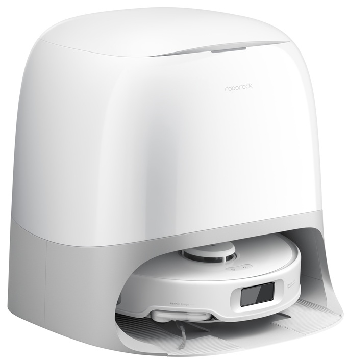Biały i szary robot sprzątający z stacją dokującą. Widoczne logo Roborock.