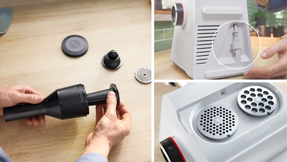 Ręce montujące części maszynki do mięsa. Widoczne różne elementy i komponenty maszynki.