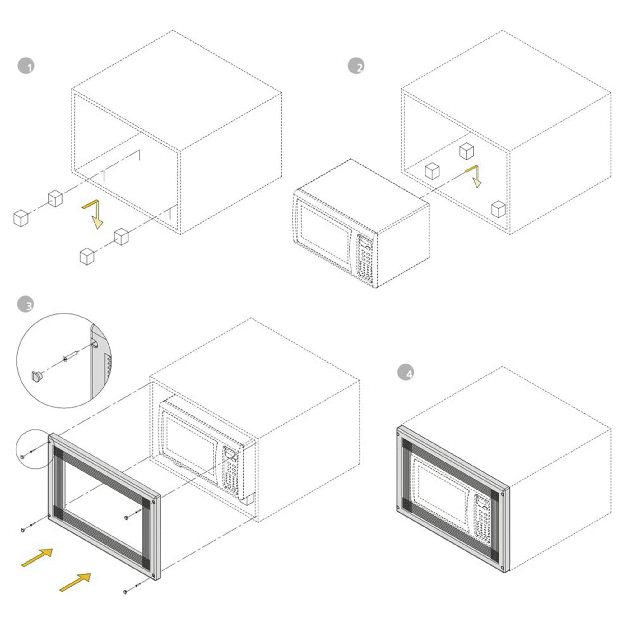 Diagrama que muestra los pasos para instalar un microondas en un gabinete con cajas numeradas.