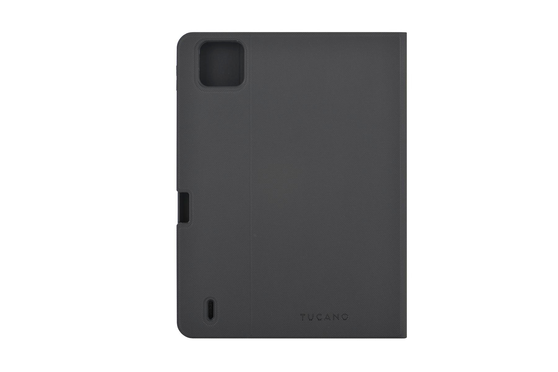Eine dunkelgraue Tablet-Hülle, die das gesamte Tablet bedeckt, auf weißem Hintergrund.