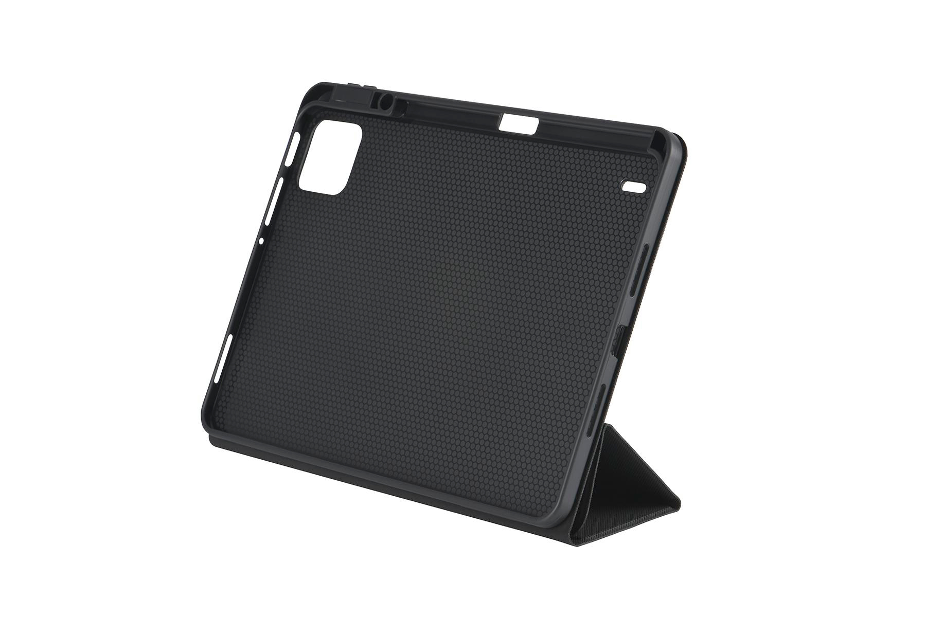 Eine schwarze Tablet-Hülle mit einem Klappständer, schwarzer Innenraum.