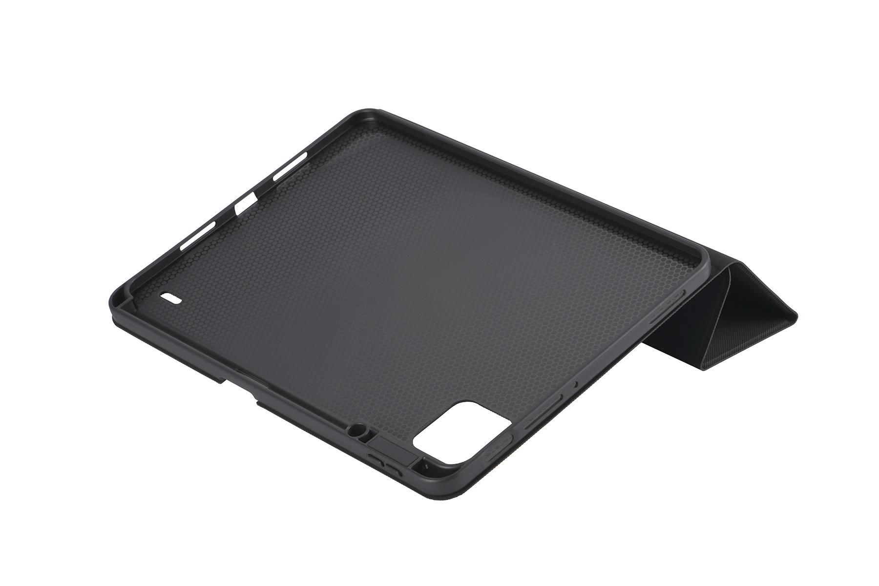 Geöffnete schwarze Tablethülle, zeigt das Innere.