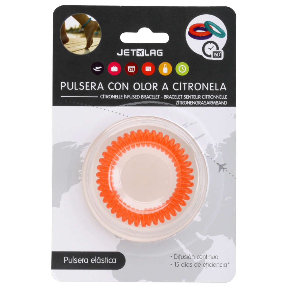 Pulsera con olor a citronela naranja en una caja de plástico transparente, sobre un fondo blanco.