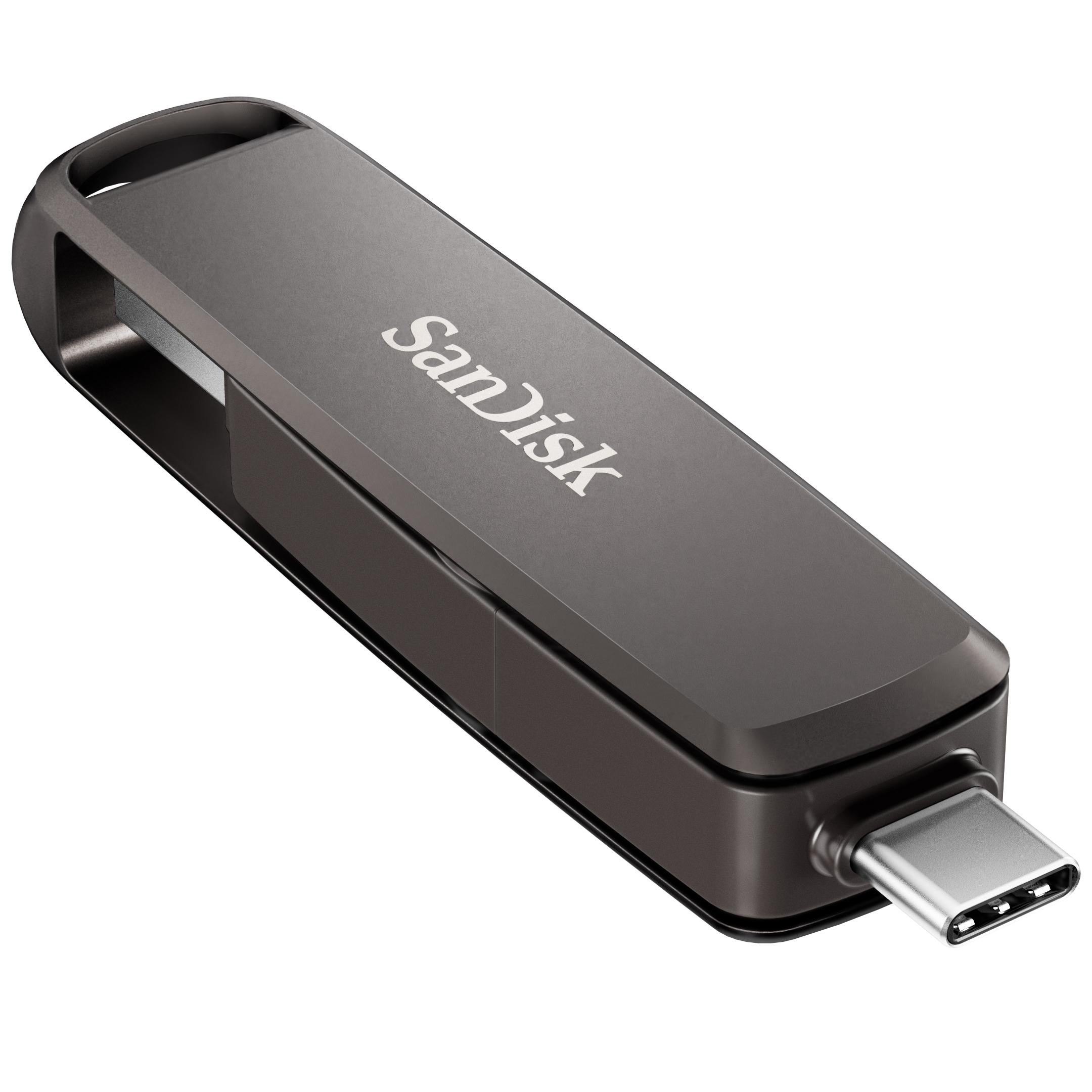 Ein grauer USB-C-Flash-Laufwerk mit dem SanDisk-Logo.