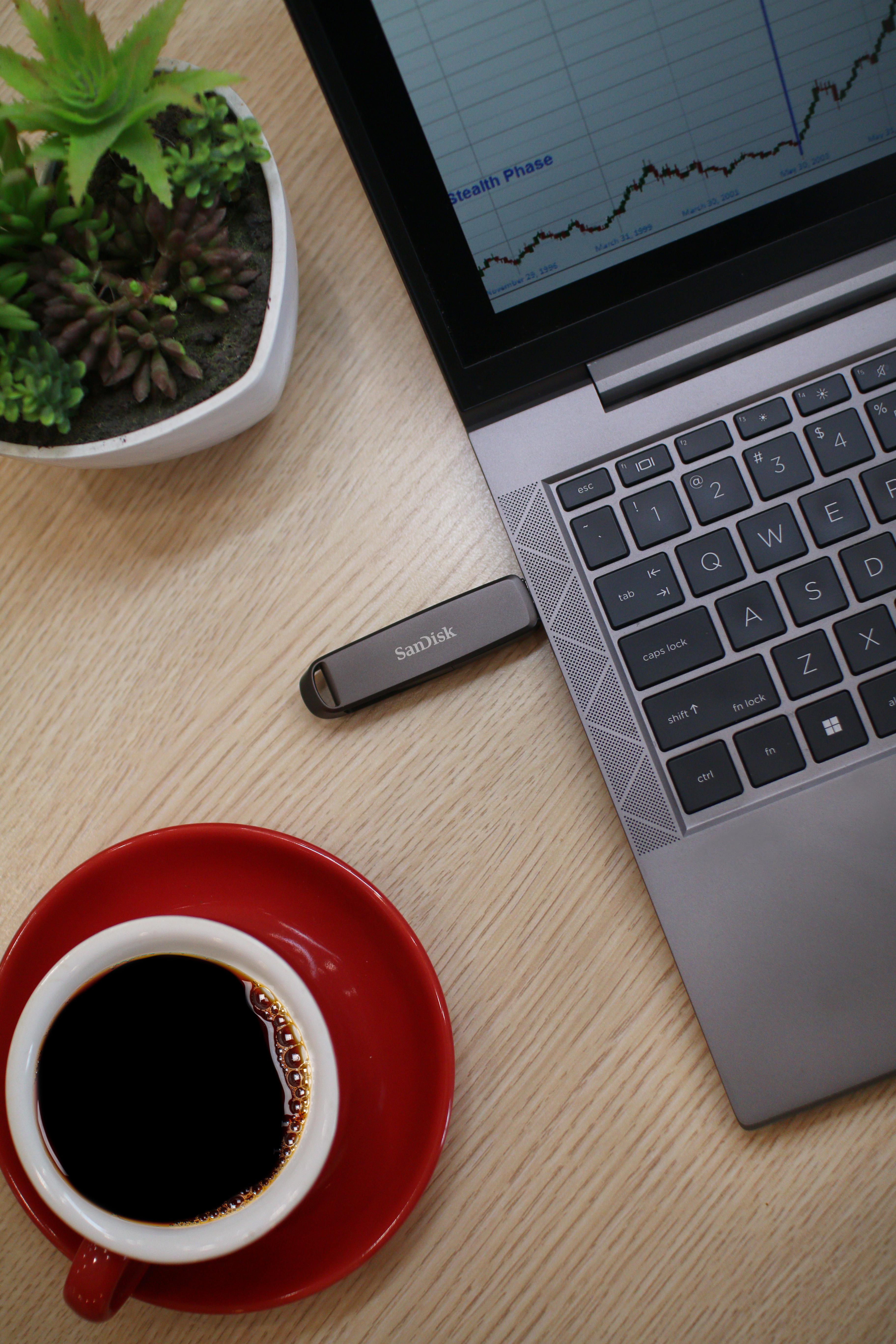 Ein Laptop mit eingestecktem USB-Laufwerk, Kaffee und Pflanze in der Nähe.