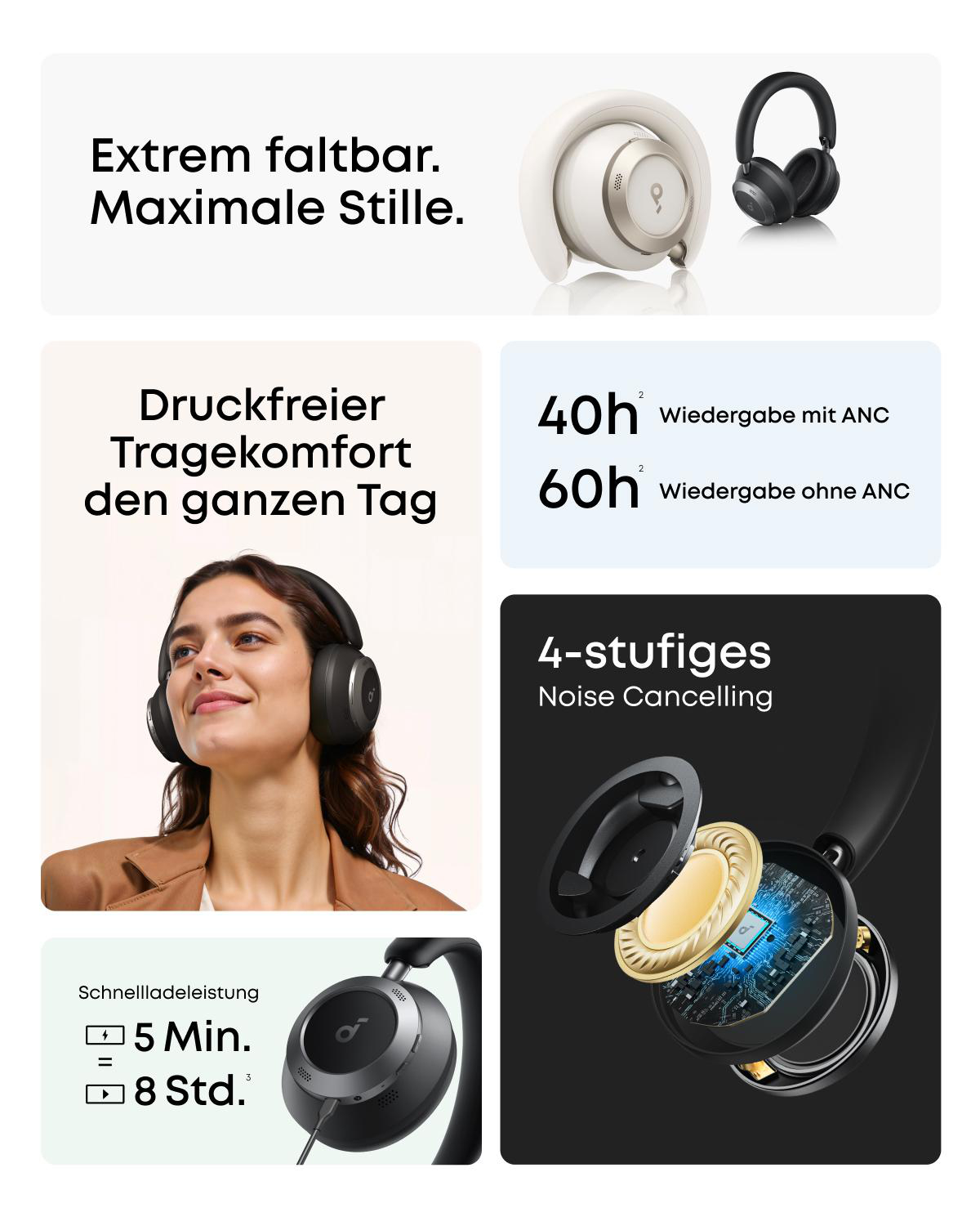 Frau mit Kopfhörern, Grafik zeigt Funktionen und Spezifikationen des Produkts.