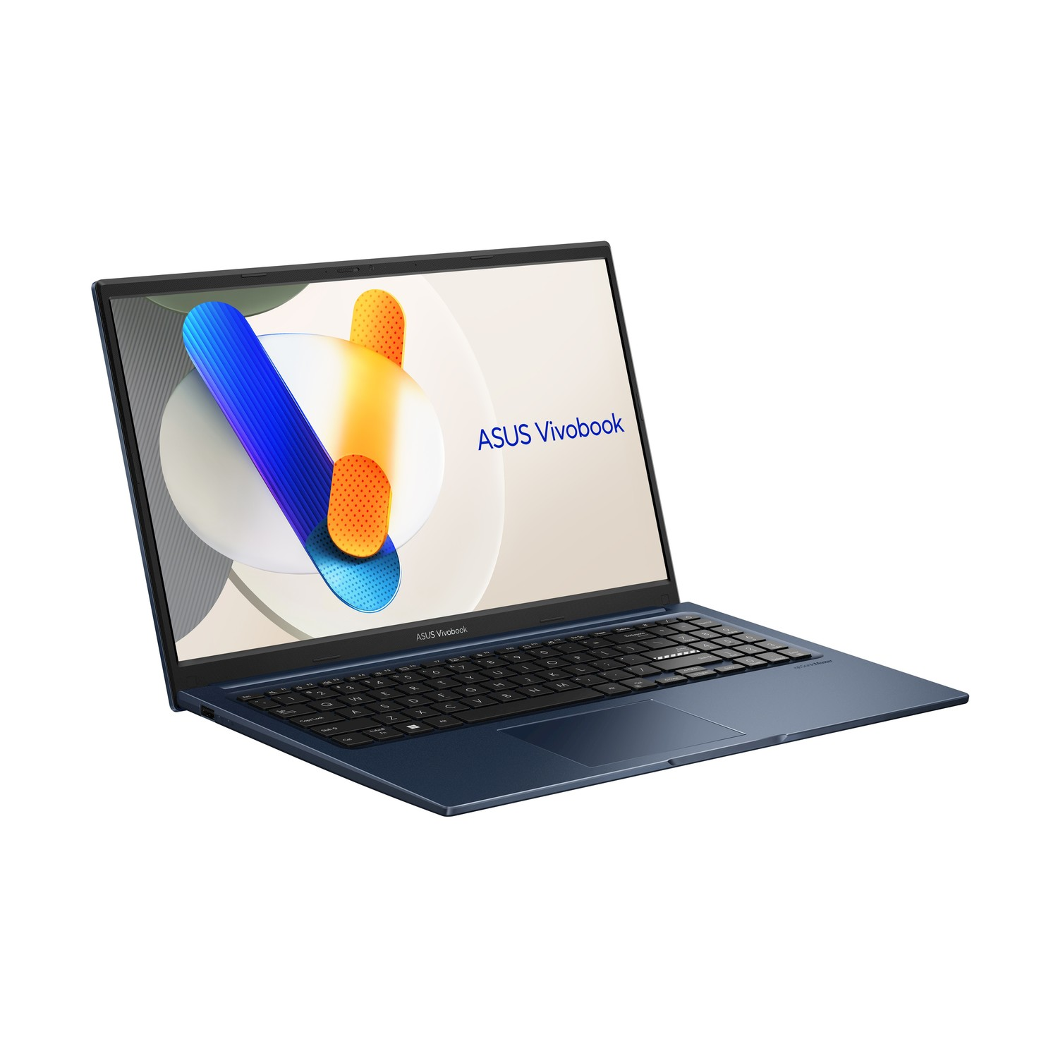 Laptop blu con schermo bianco che mostra un design astratto blu e giallo.