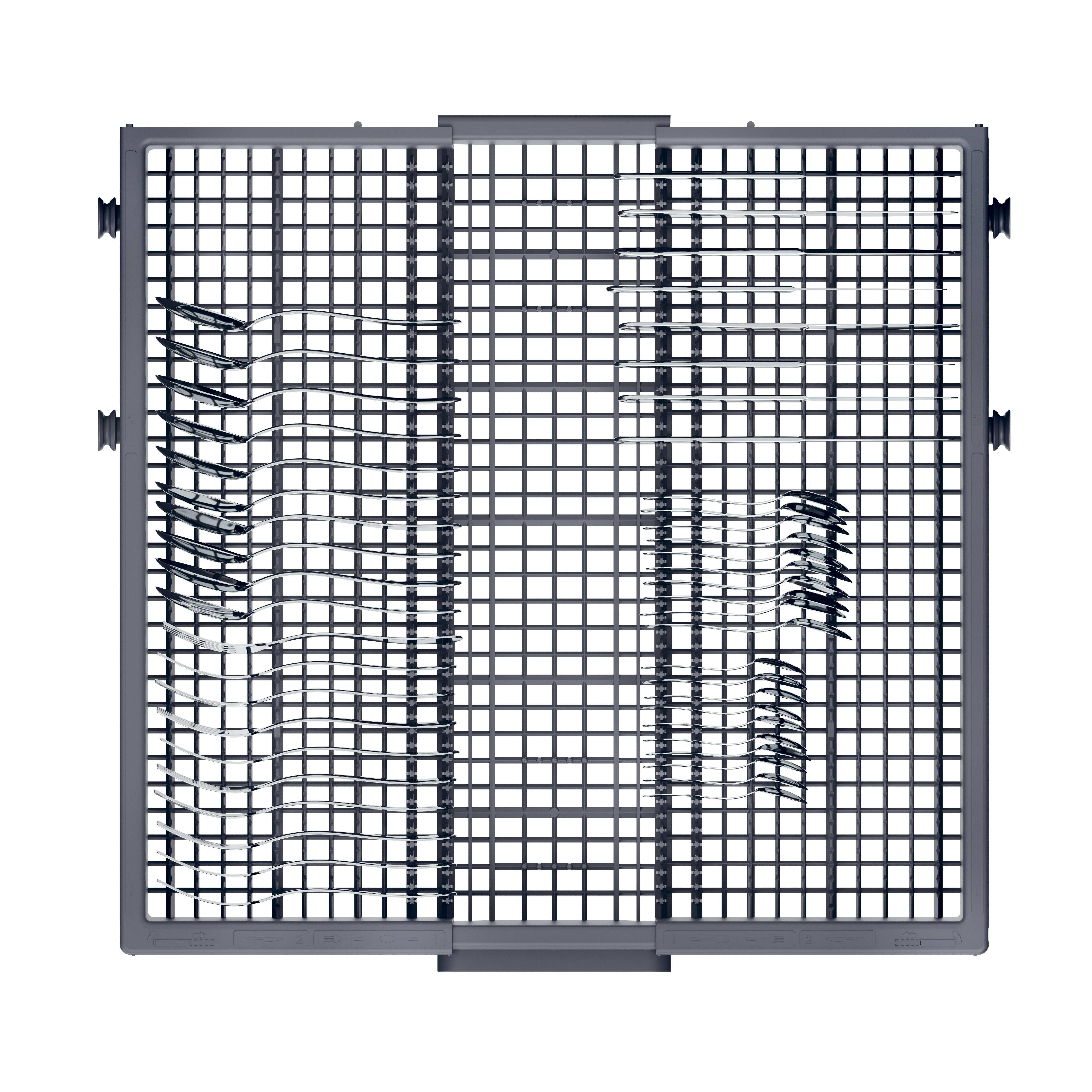 Geschirrspülergestell mit gitterartigem Design, mit Schlitzen für Geschirr.