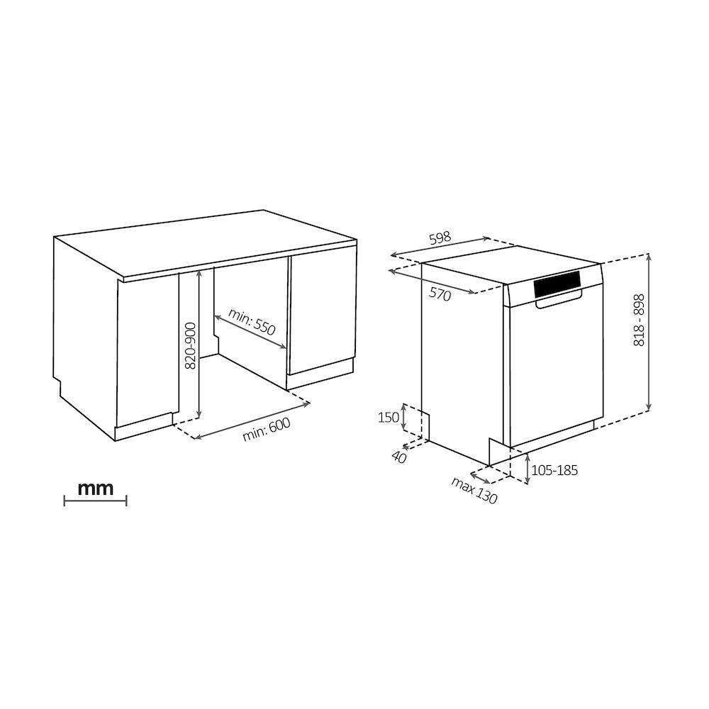 Diagramm der Abmessungen und Platzierung eines Geschirrspülers.