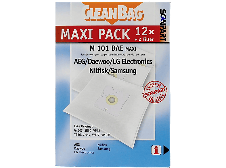 Bolsas de aspirador - Scanpart 2687422101 M 101 Dae 3, Microfibra, paxk 12 + 2 filtros