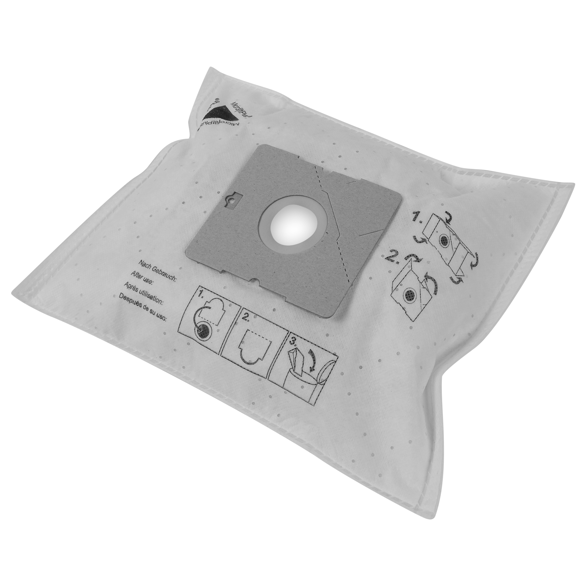 Bolsa de aspiradora blanca con filtro gris. Instrucciones impresas en la bolsa.