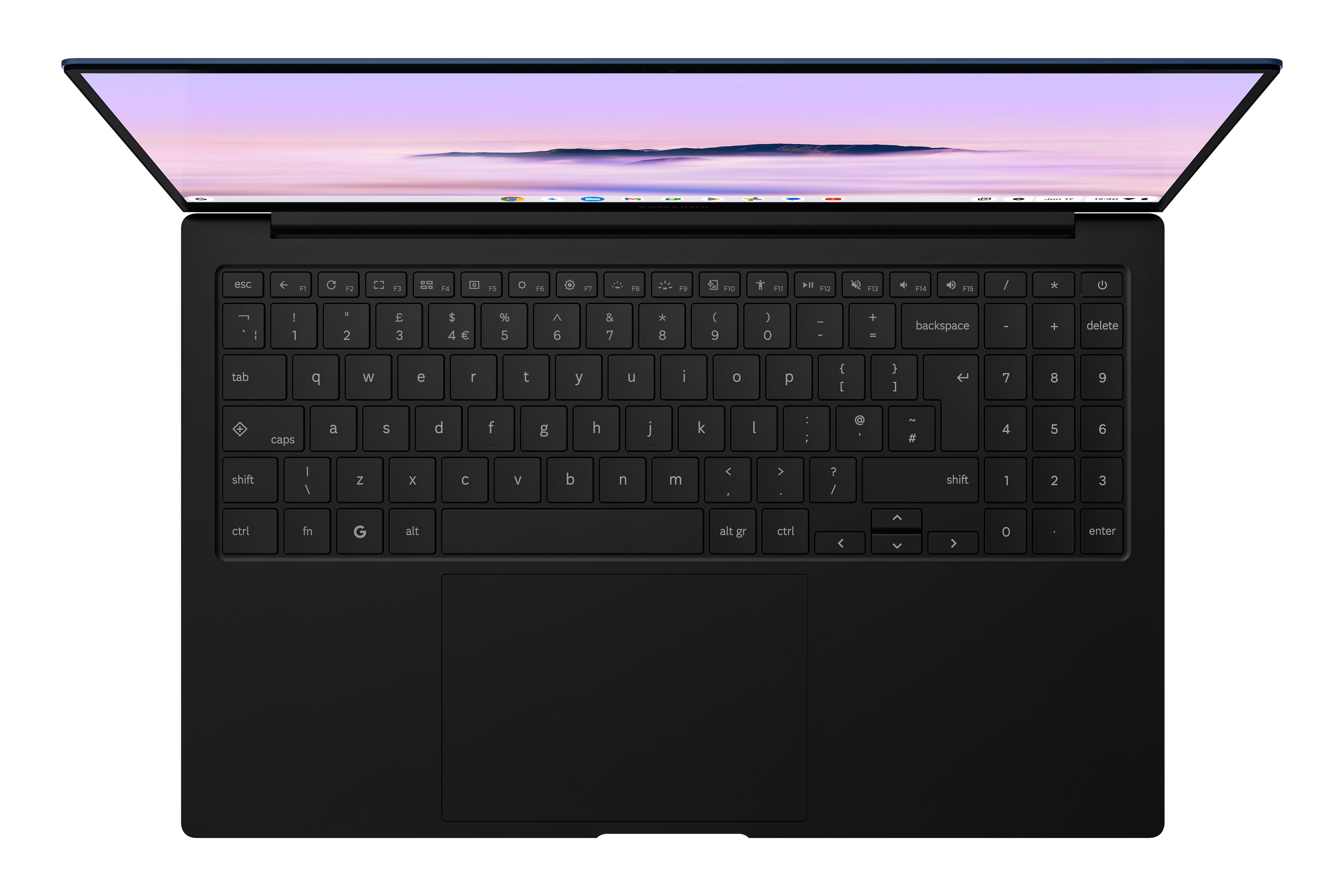 Schwarzer Laptop mit geöffnetem Bildschirm, Tastatur und Landschaftsbild zeigend.
