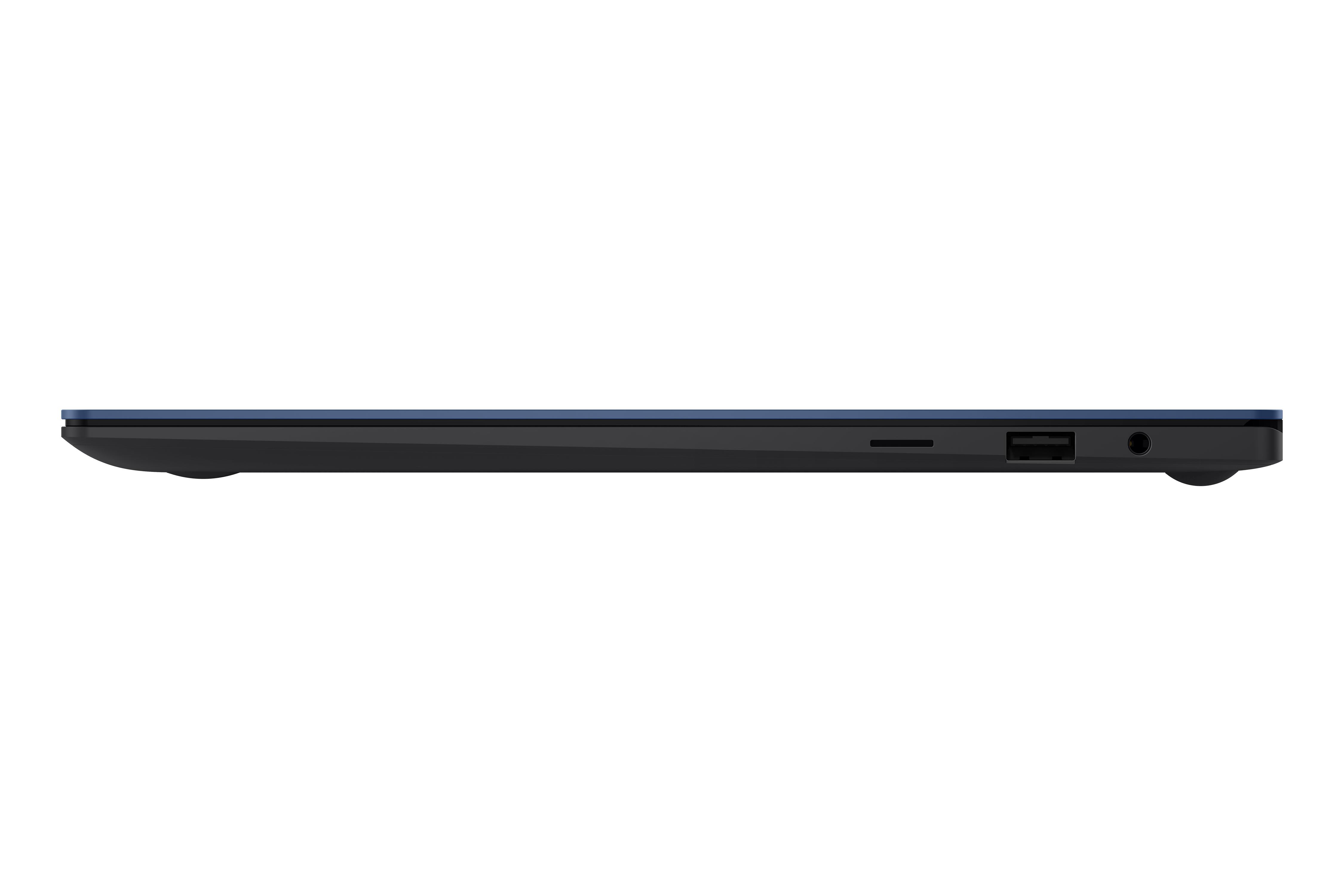 Seitenansicht eines Laptops mit dunkelblauem Deckel, Anschlüssen und schwarzem Sockel.