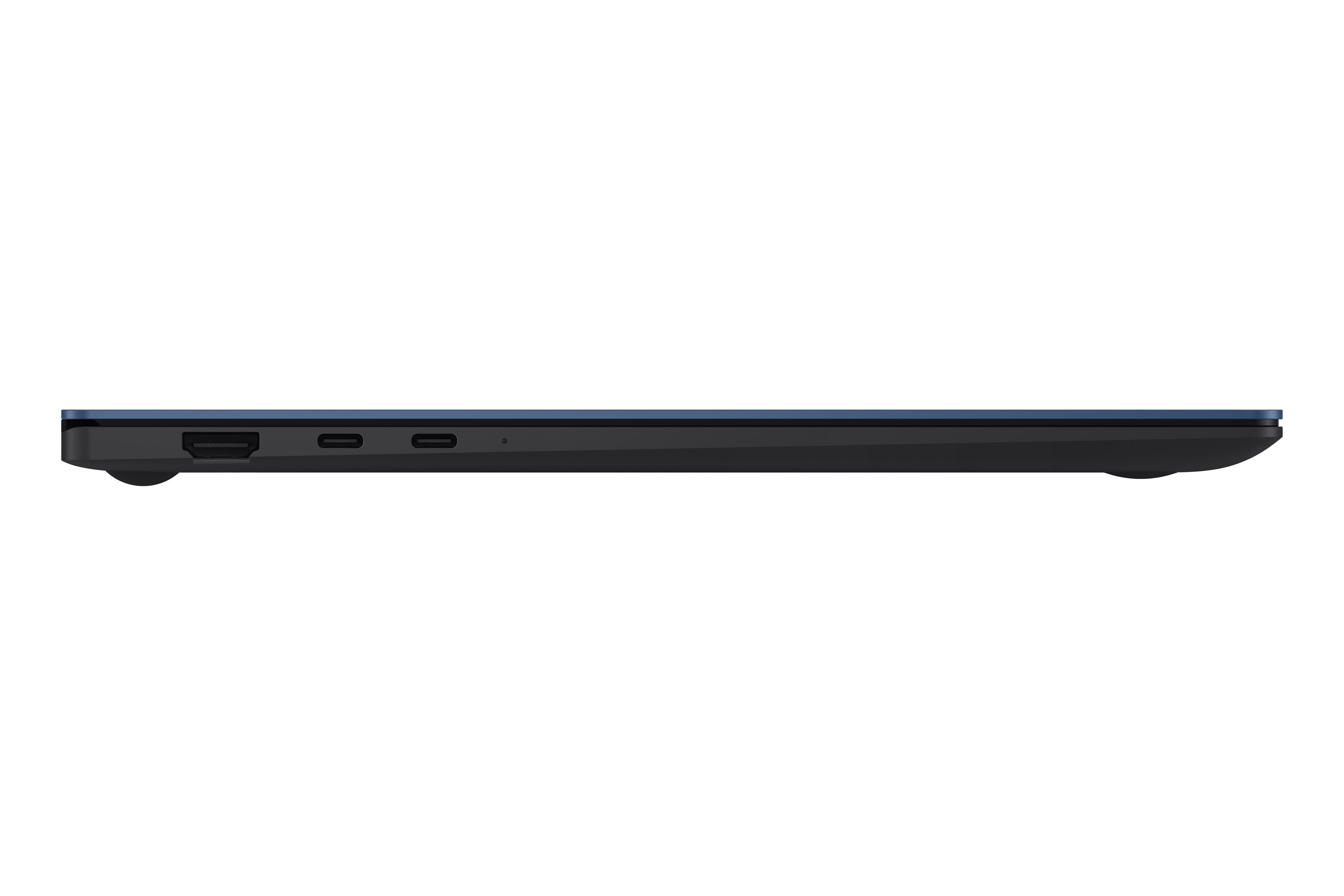 Seitenansicht eines blauen Laptops mit sichtbaren Anschlüssen.
