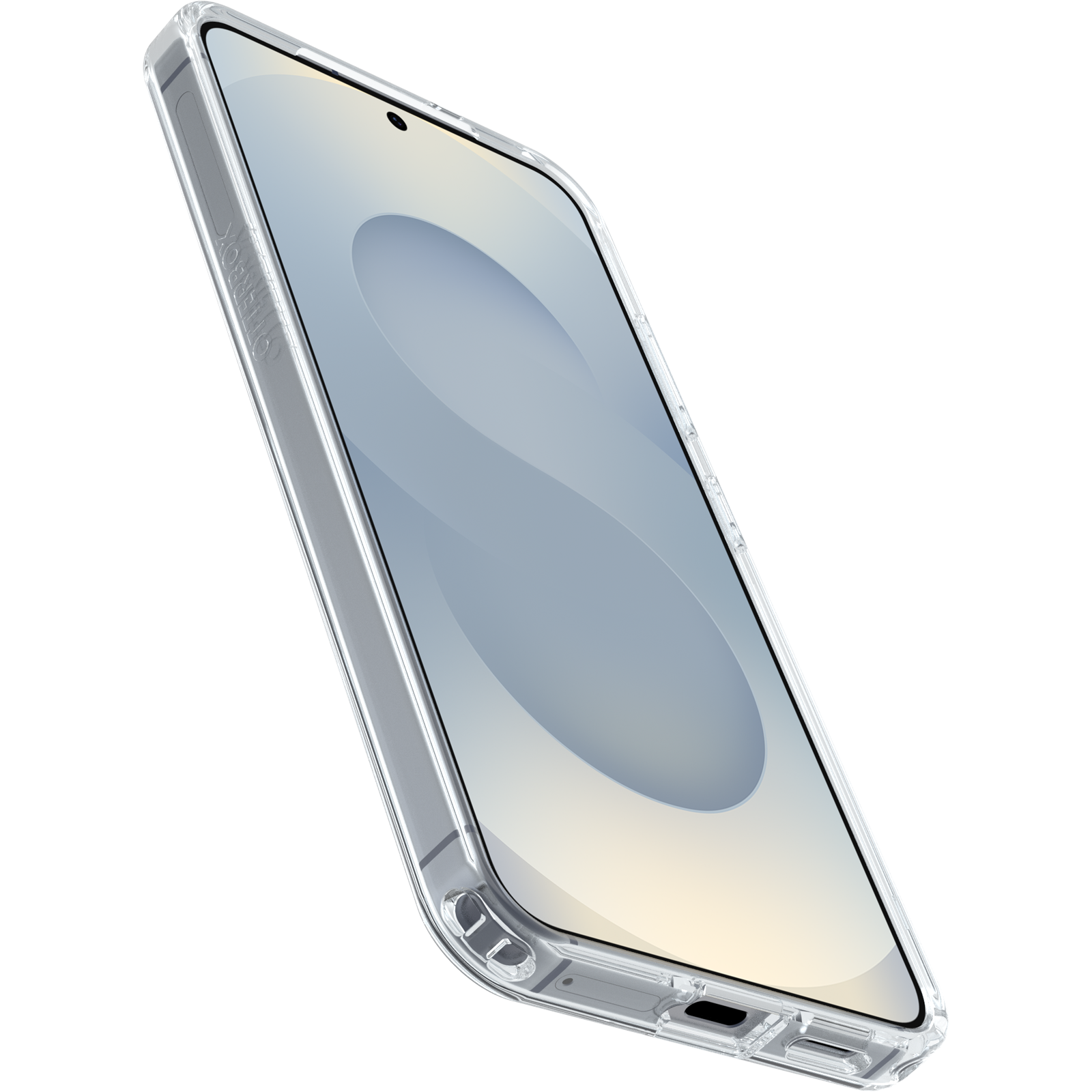 Telefon átlátszó védőtokban. A telefon ferde, a képernyő látható. Világos háttér.