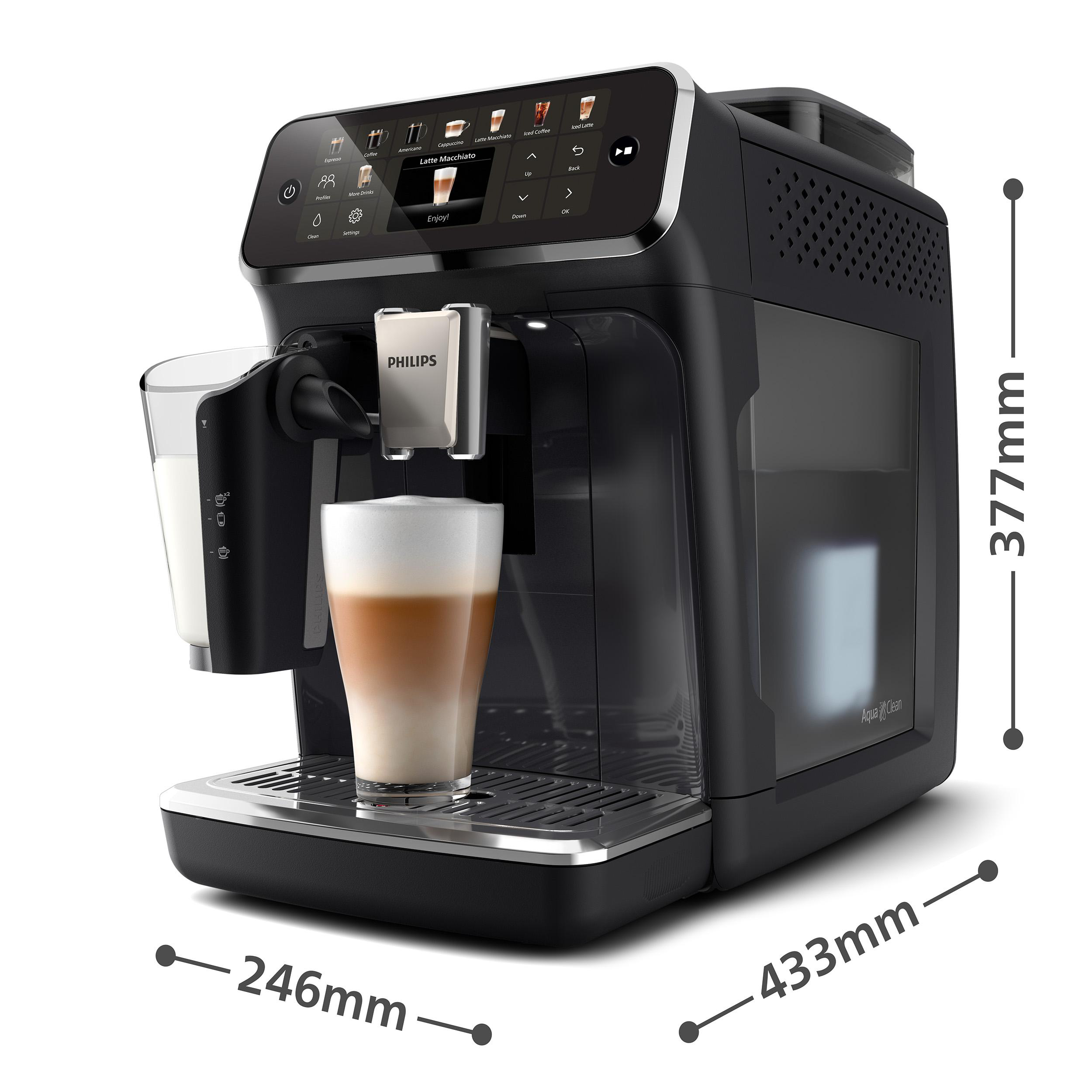 Schwarze Kaffeemaschine mit Glas, Maße in mm.