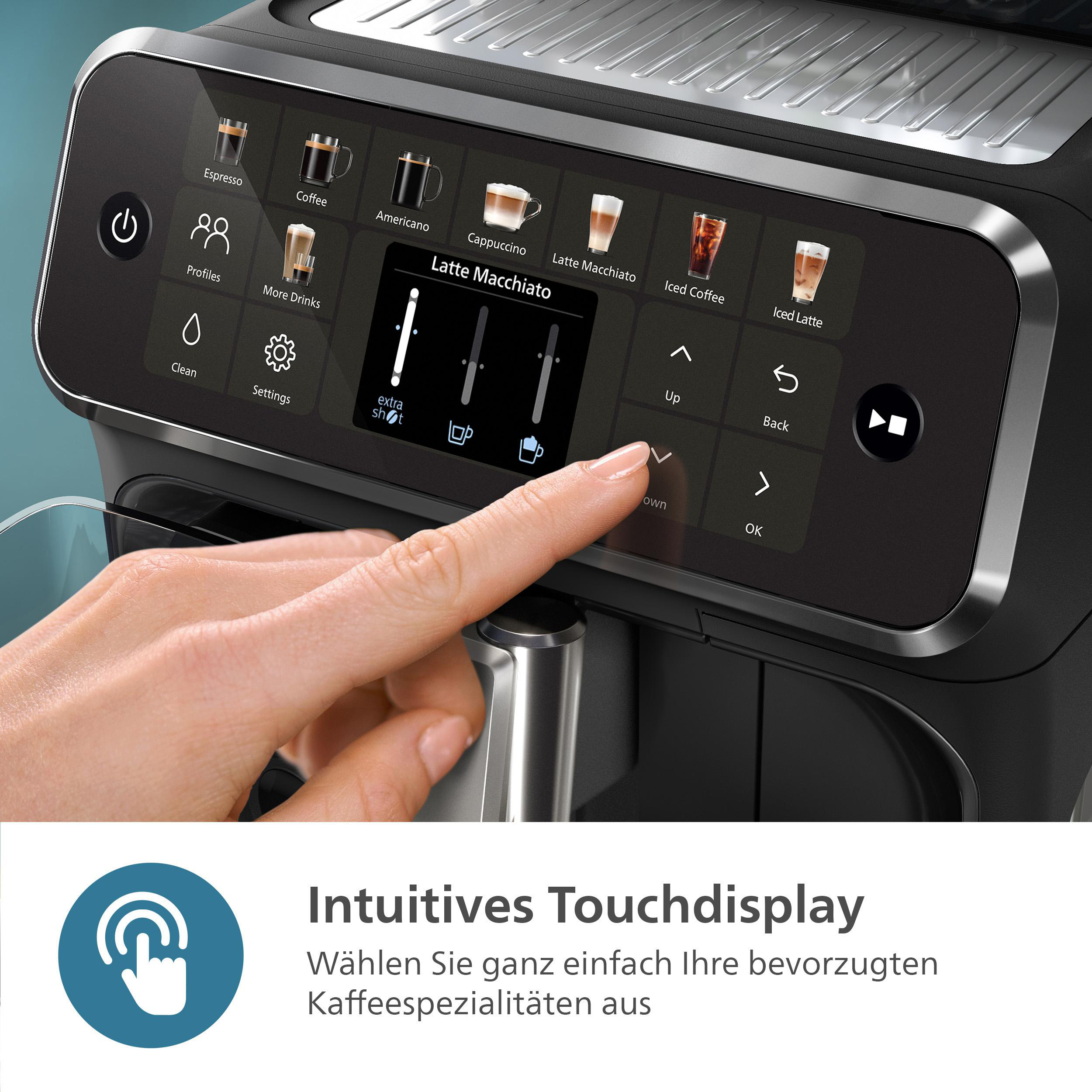 Kaffeemaschinenschnittstelle mit Touchscreen. Eine Hand berührt den Bildschirm, der Optionen anzeigt.