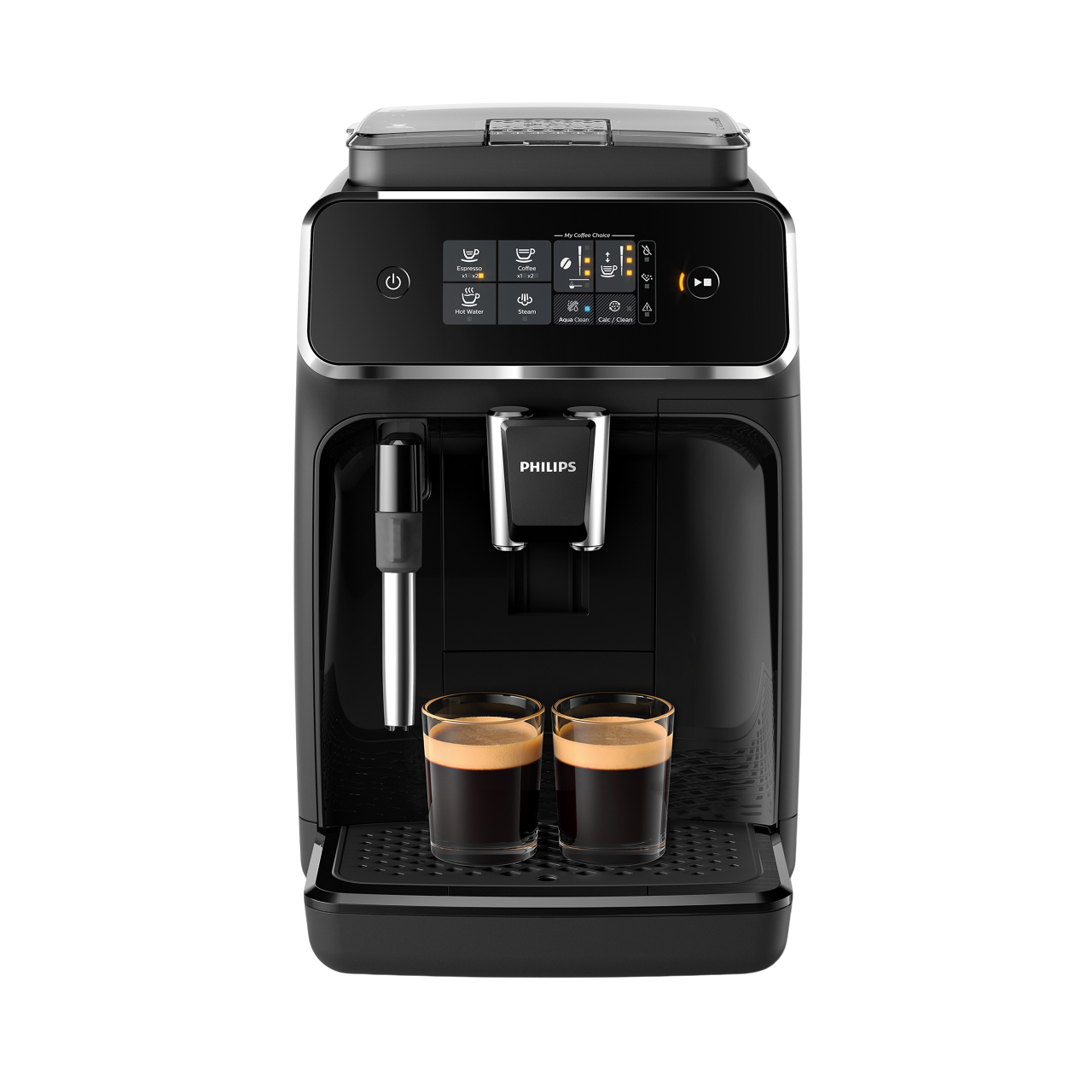 Eine schwarze Philips Kaffeemaschine mit zwei Kaffeetassen auf dem Tablett, vor schwarzem Hintergrund.