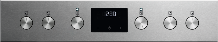 Edelstahl-Backofen-Bedienfeld mit Knöpfen und einem Digitaldisplay mit der Anzeige 12:30.