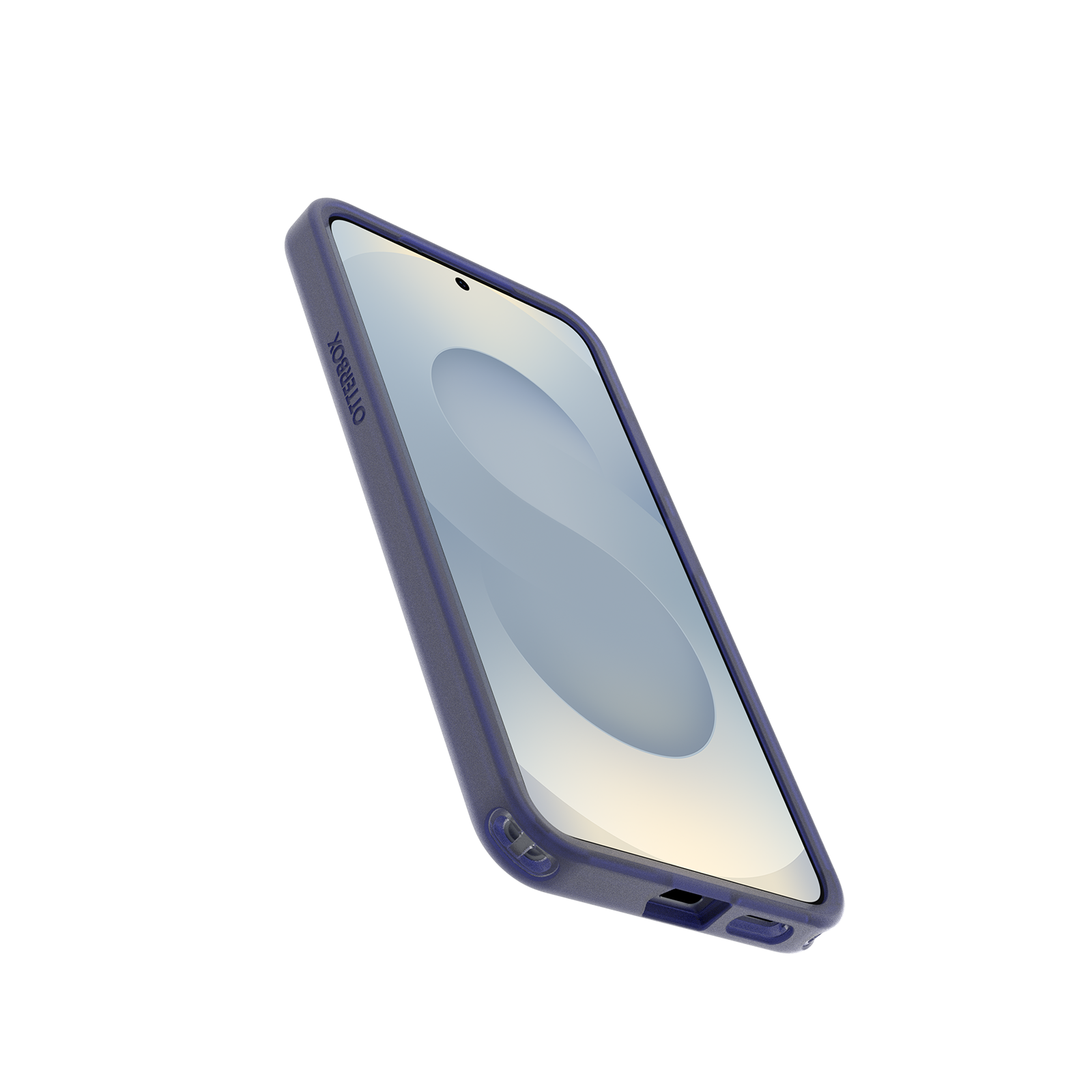 Kék telefon tokban, fekete háttér előtt megdöntve.