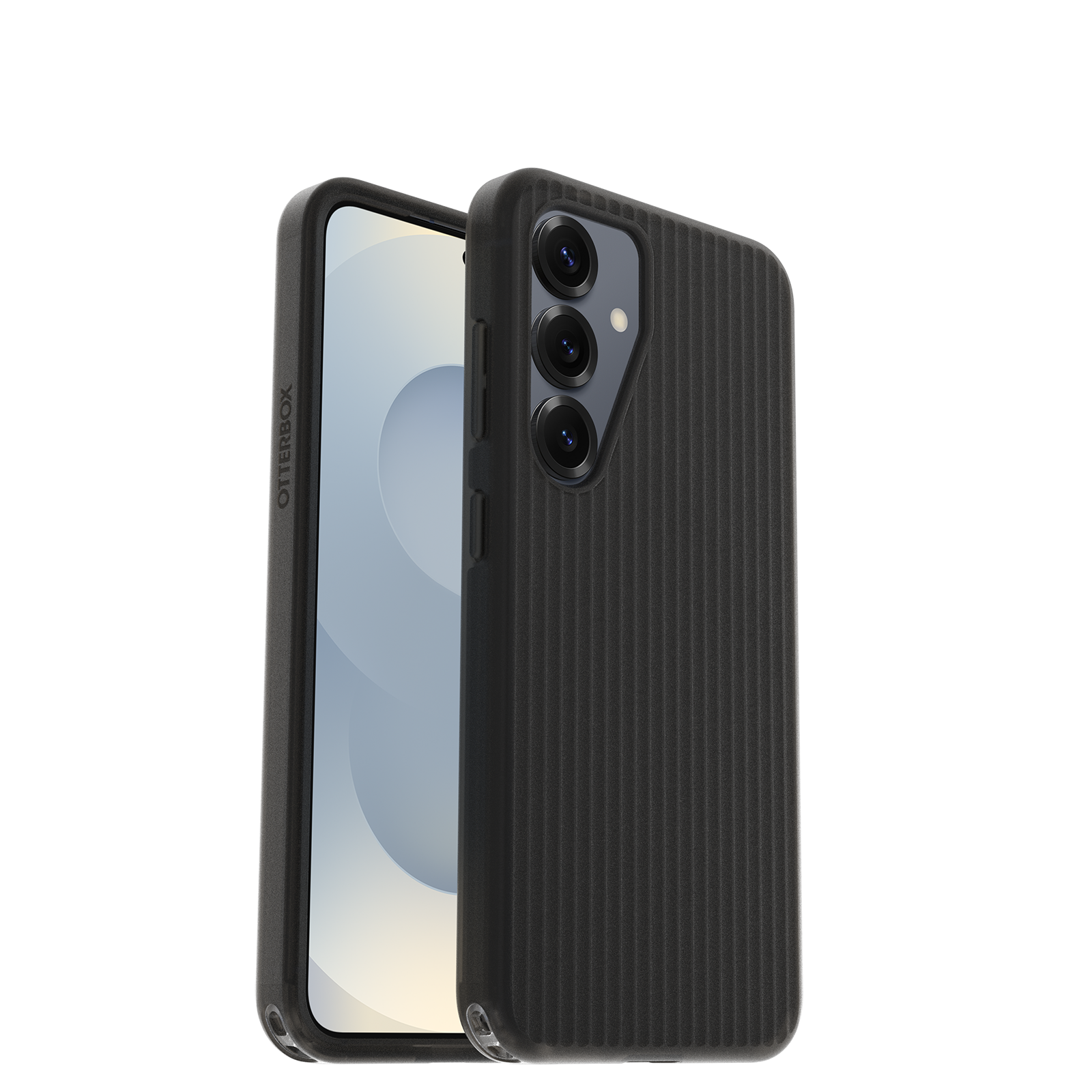 Fekete telefon fekete tokban, Otterbox logóval. A képernyő be van kapcsolva.