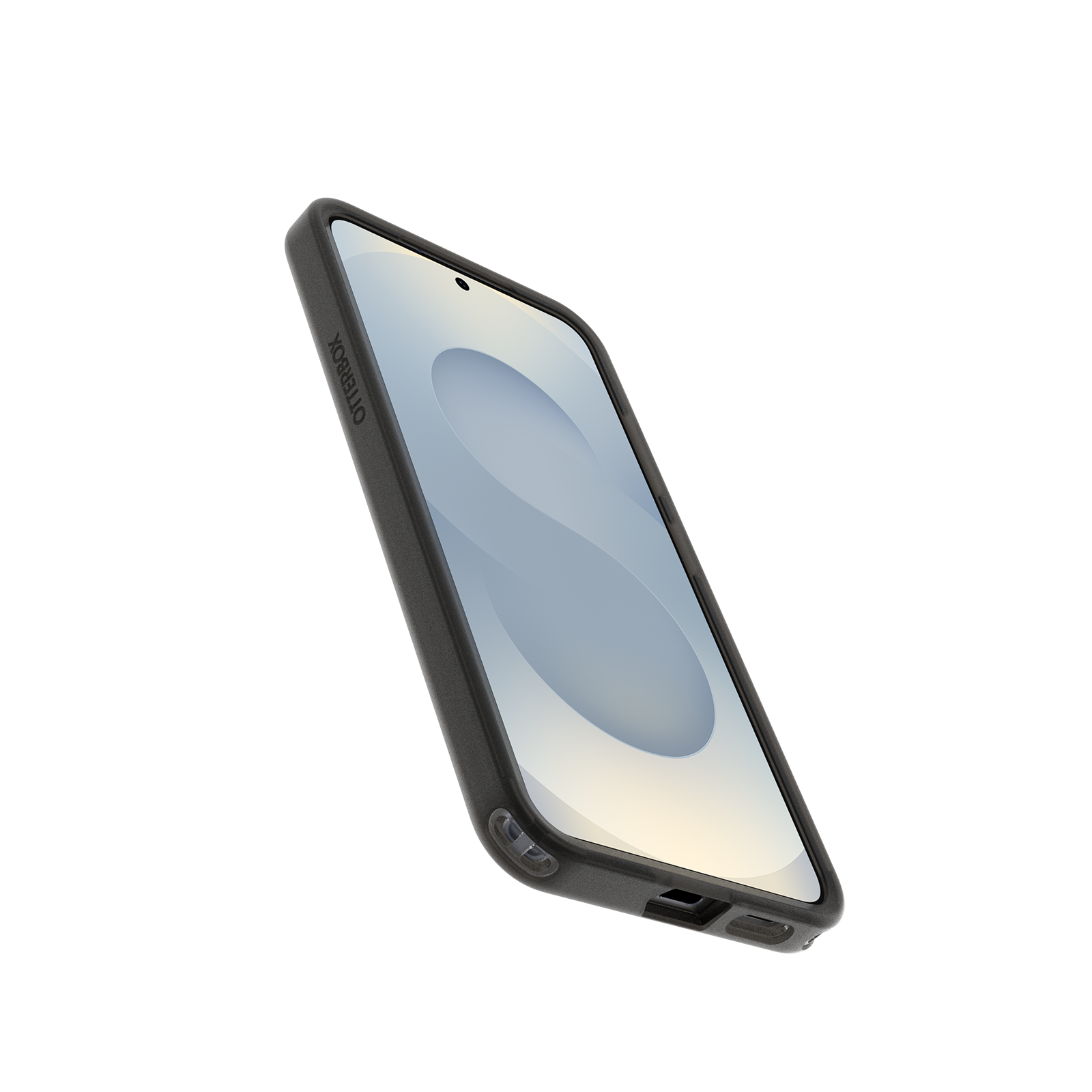 Egy fekete telefon fekete tokban fekete háttér előtt, enyhén jobbra dőlve.