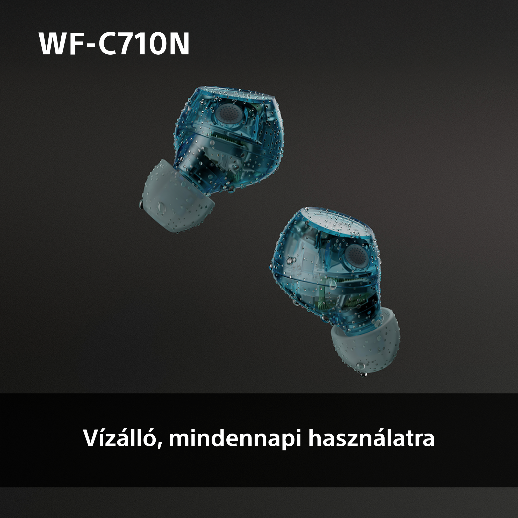 Egy pár kék és átlátszó fülhallgató a WF-C710N szöveggel a sarokban.