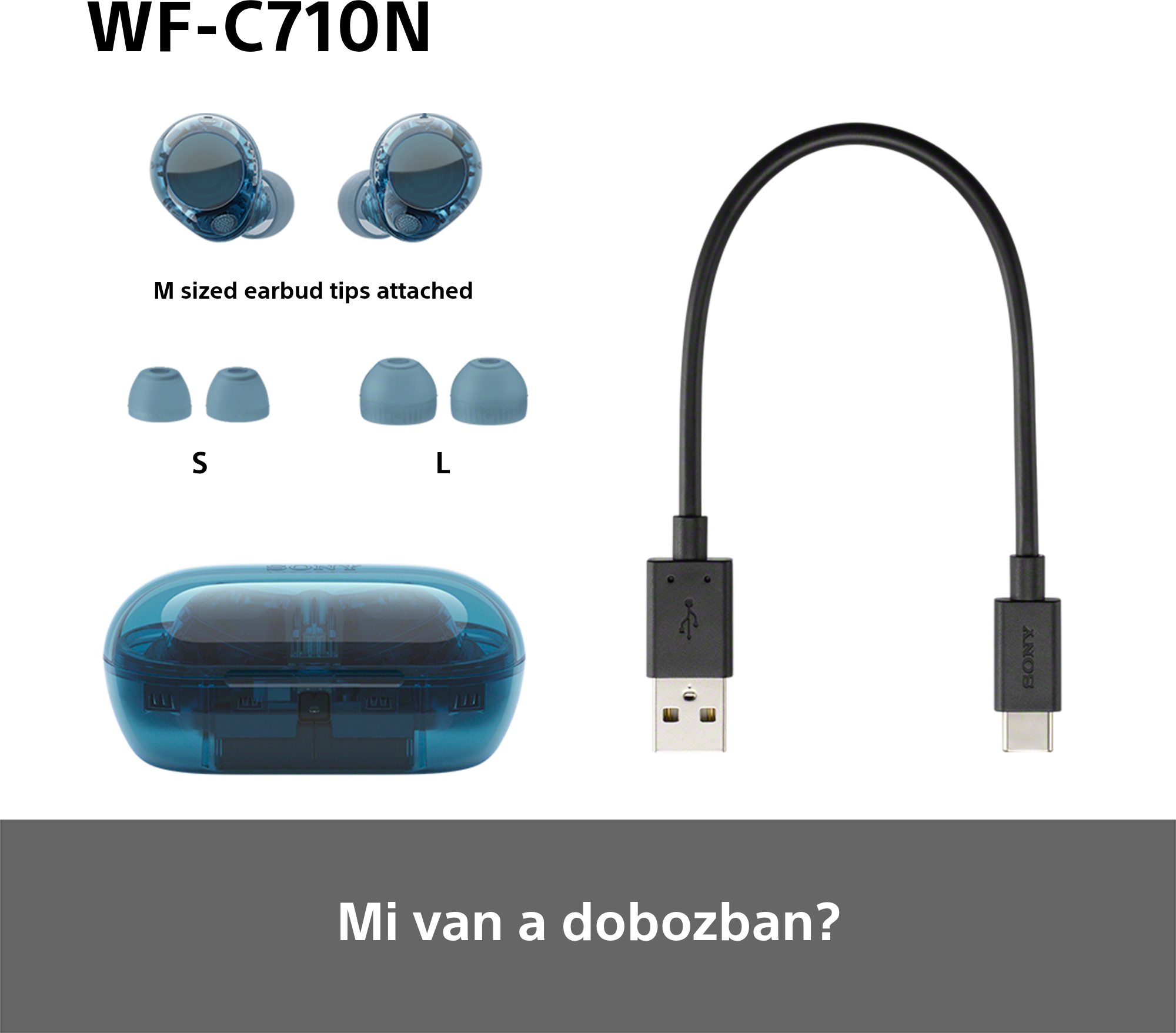 Fülhallgatók, töltőtok és egy USB-kábel fehér felületen.