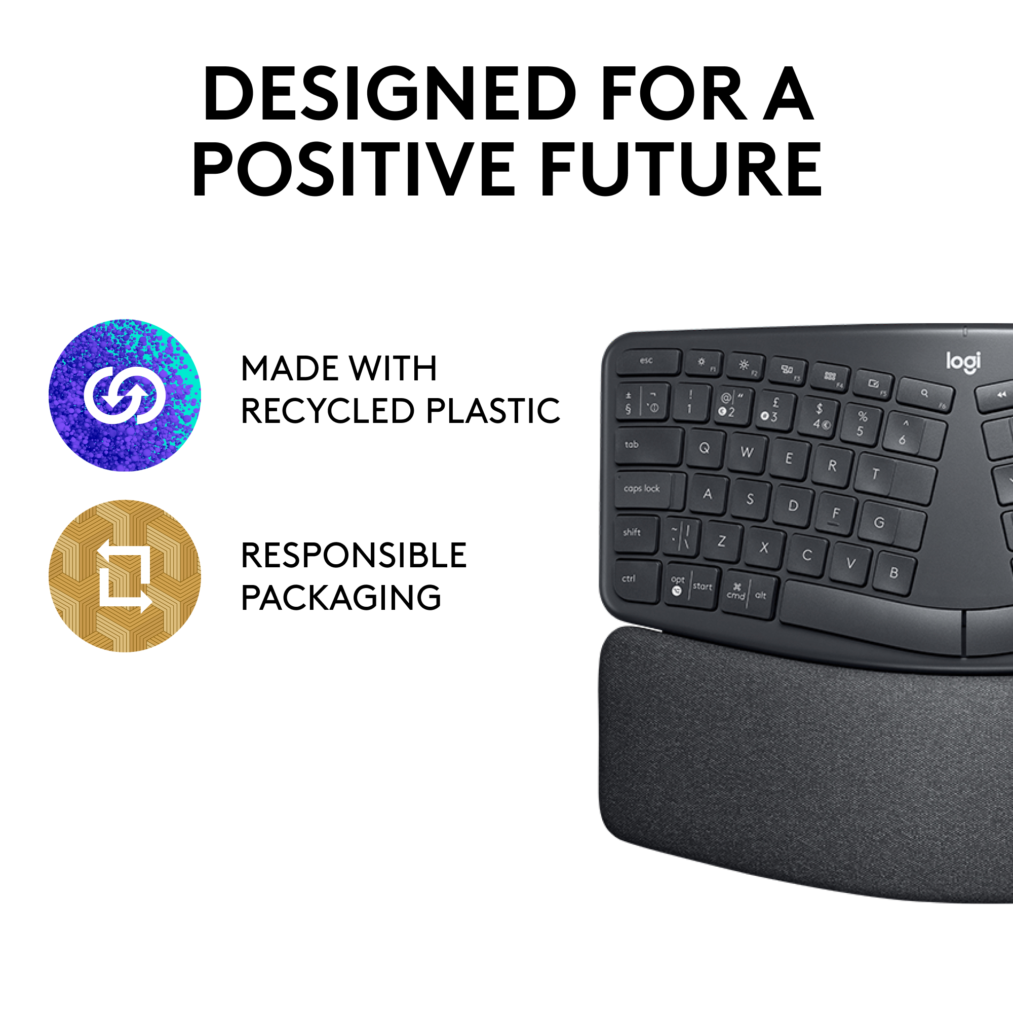 Tastiera con poggiapolsi. Testo: Progettato per un futuro positivo, Realizzato con plastica riciclata, Imballaggio responsabile.