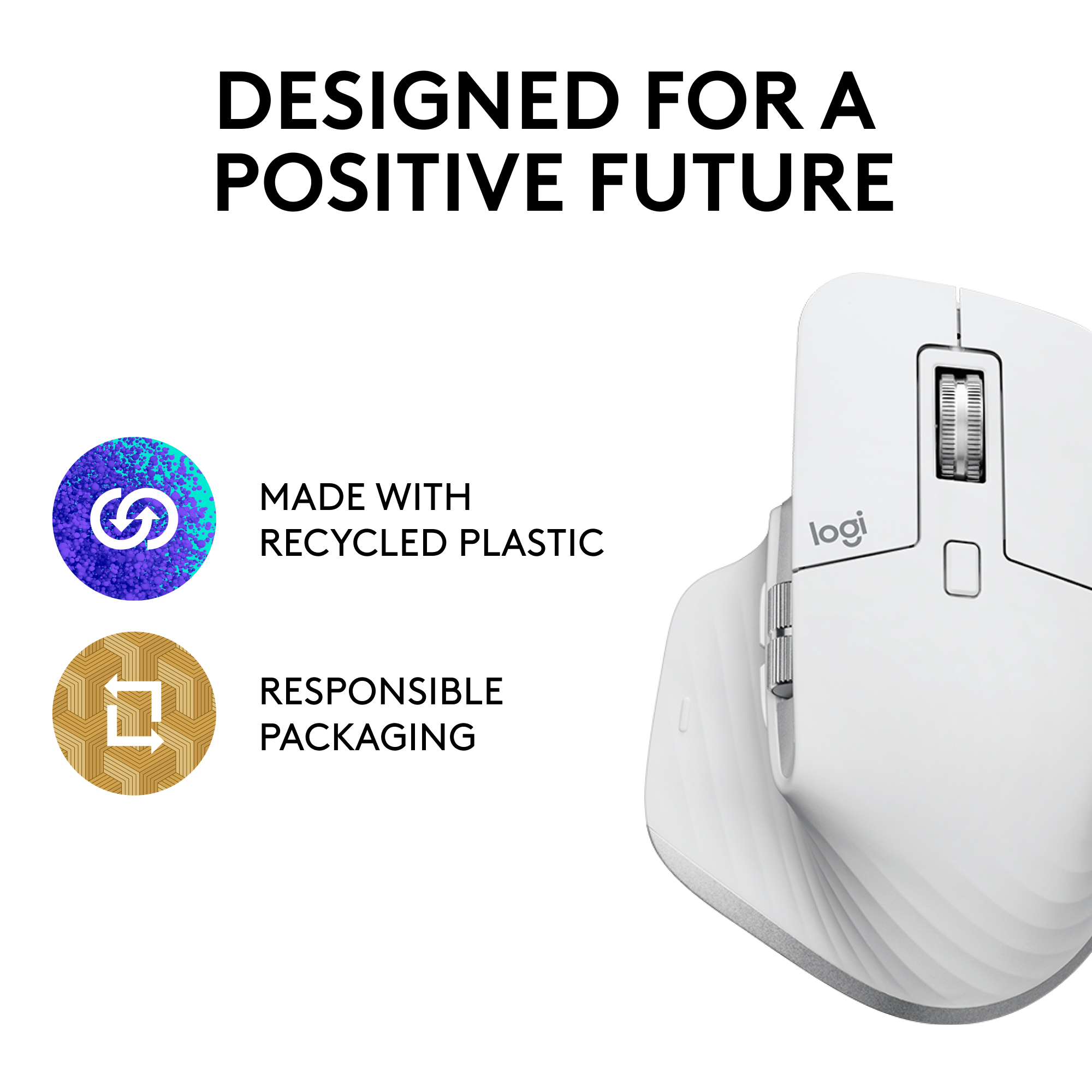 Souris verticale blanche avec molette de défilement et logo, entourée de texte et d'icônes.