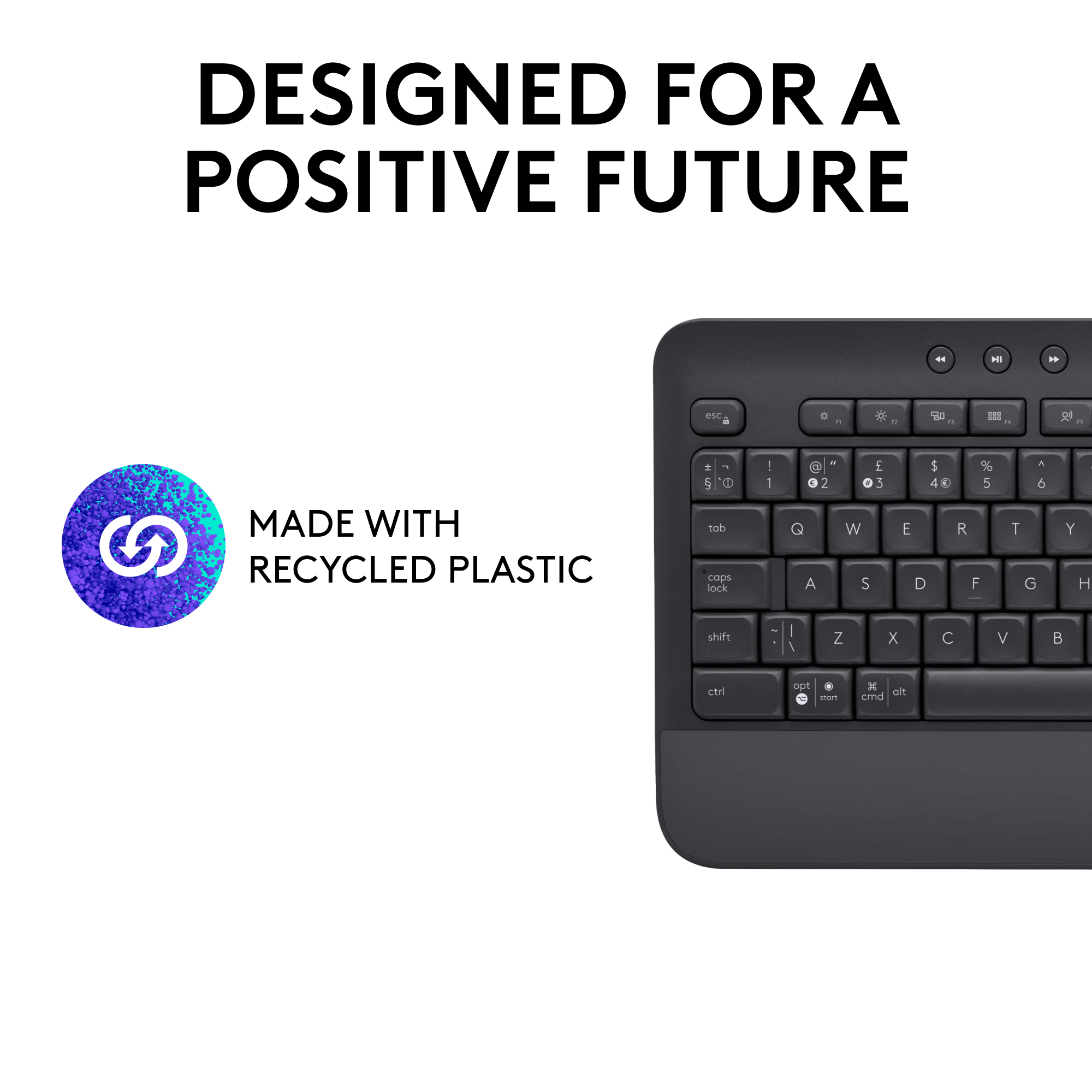 Clavier noir avec touches, entouré de texte et d'icônes indiquant le plastique recyclé.