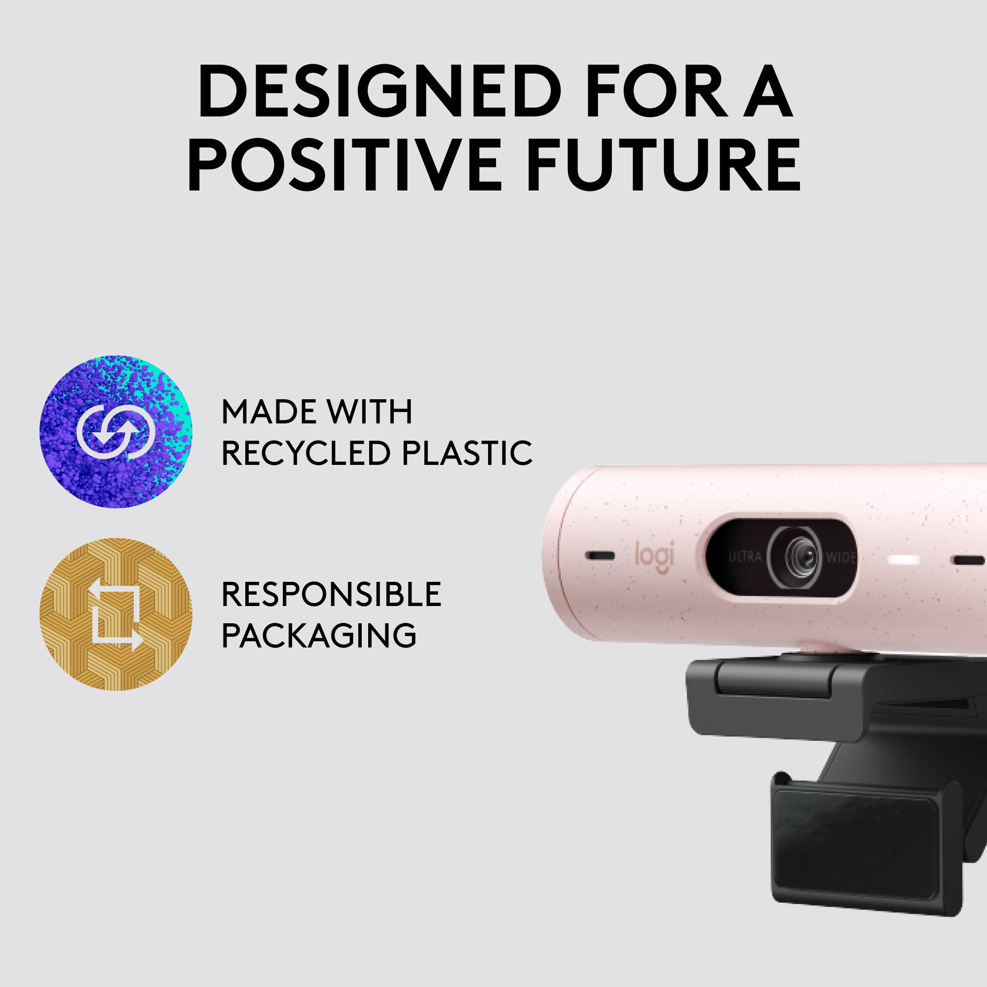 Webcam rose avec un support noir, entourée de texte et d'icônes.
