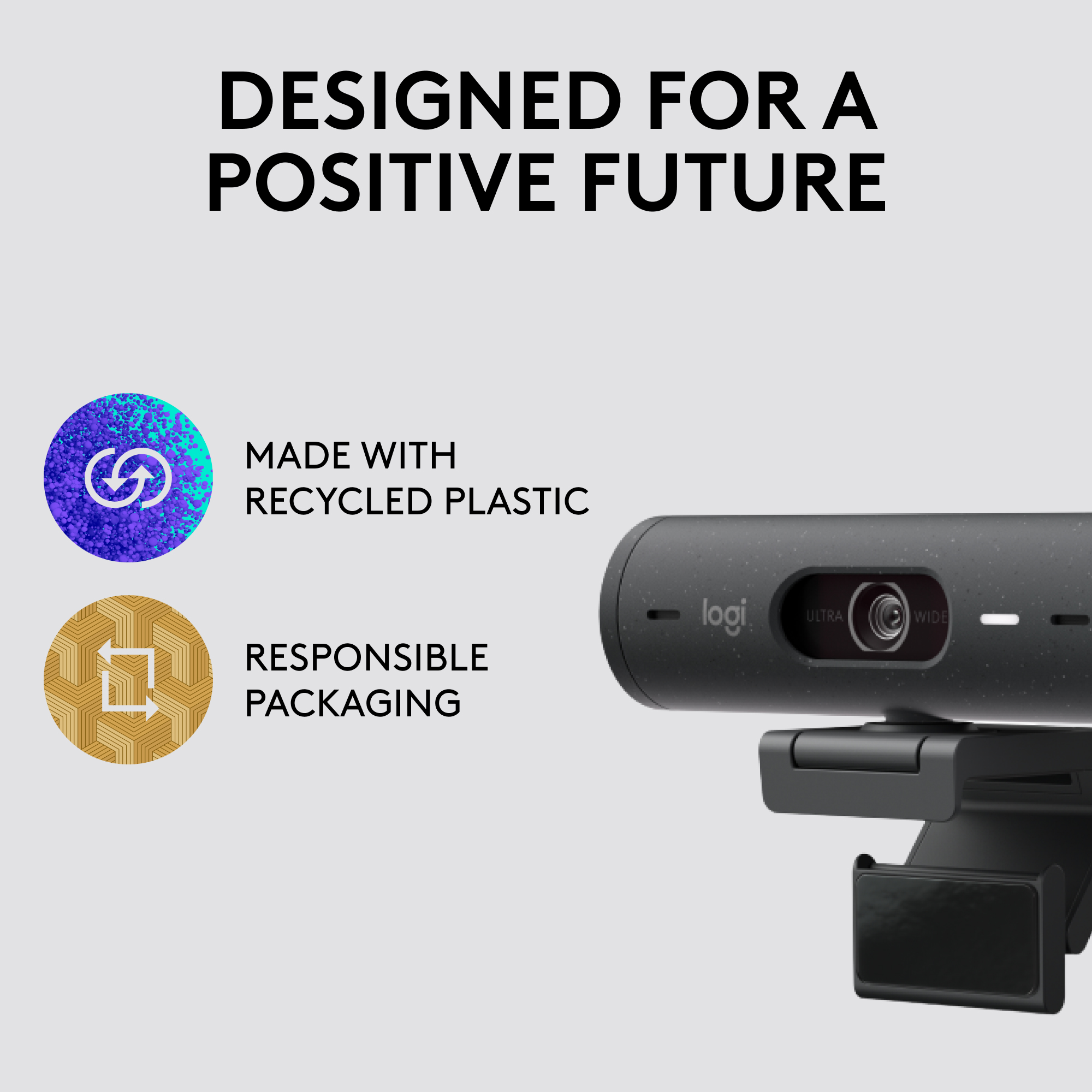 Webcam avec texte: Conçu pour un avenir positif, fabriqué avec du plastique recyclé.