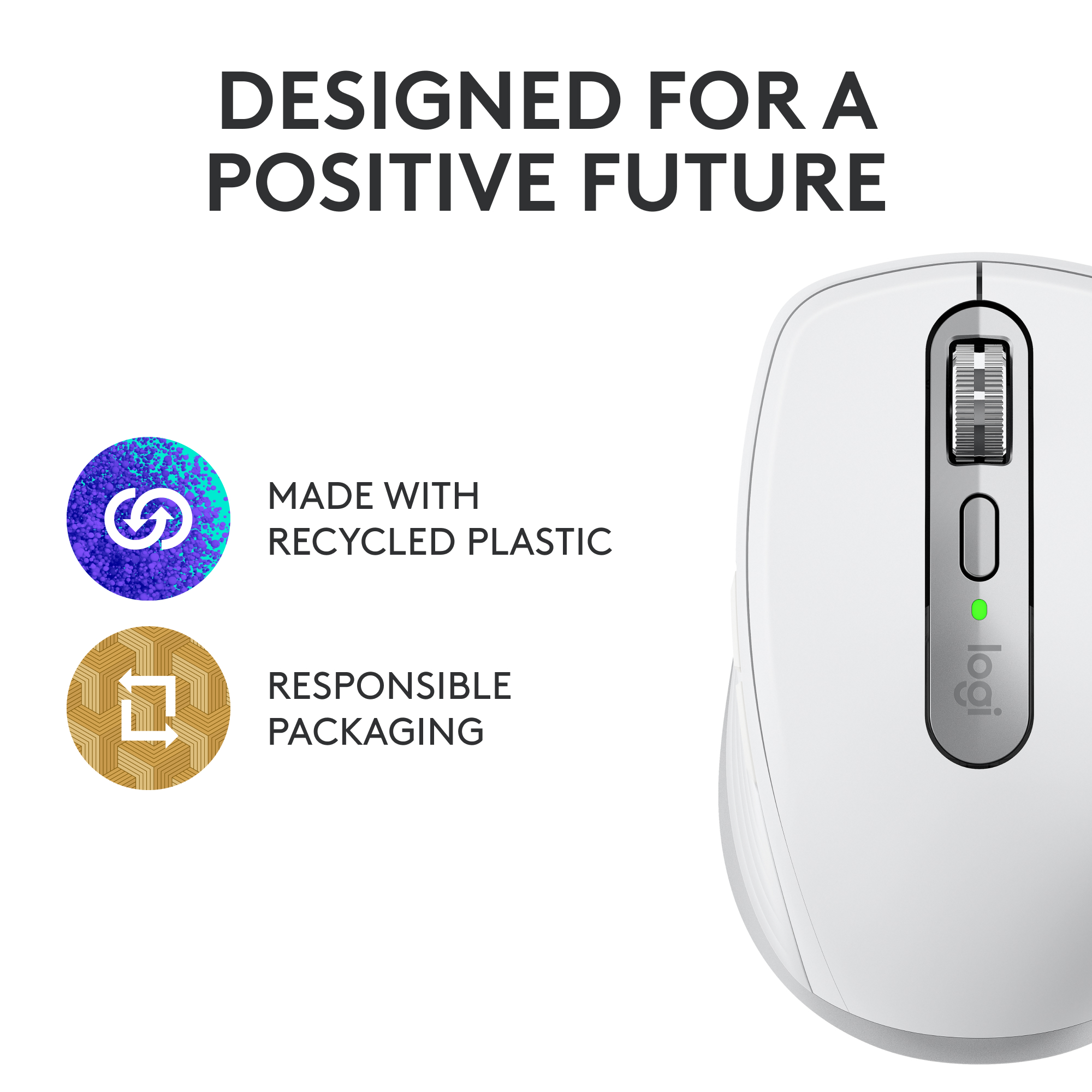 Mouse bianco con luce verde. Testo: Realizzato con plastica riciclata, imballaggio responsabile.