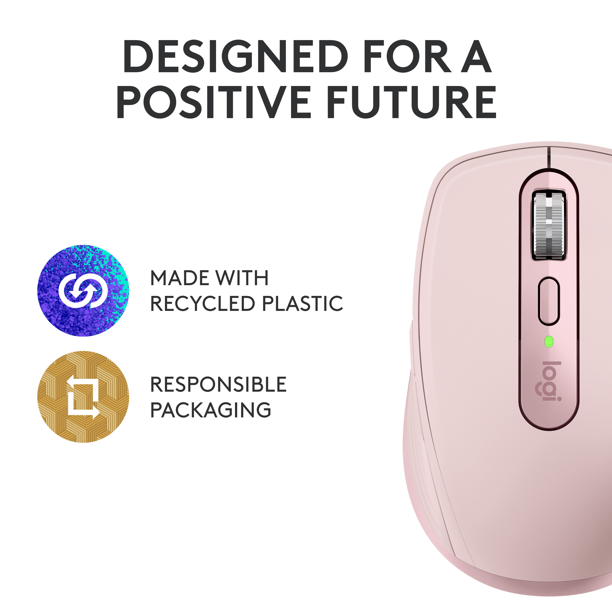 Souris d'ordinateur rose avec logo. Indique que la souris est fabriquée avec du plastique recyclé et un emballage responsable.