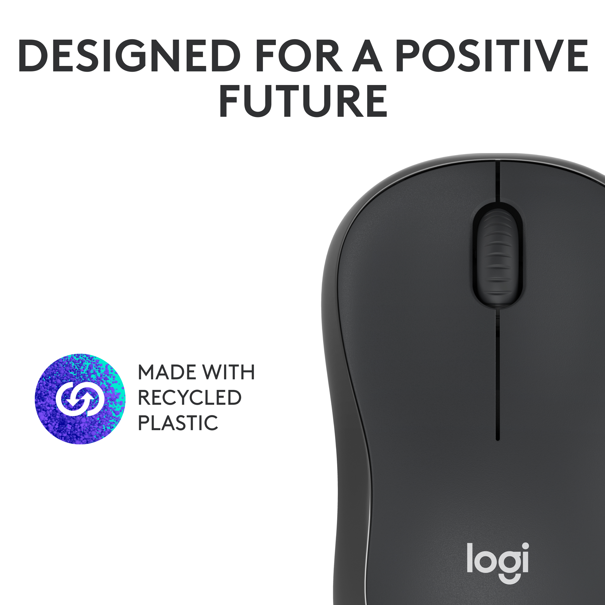 Une souris sans fil gris foncé avec une molette et le logo 'Logi' sur fond blanc.