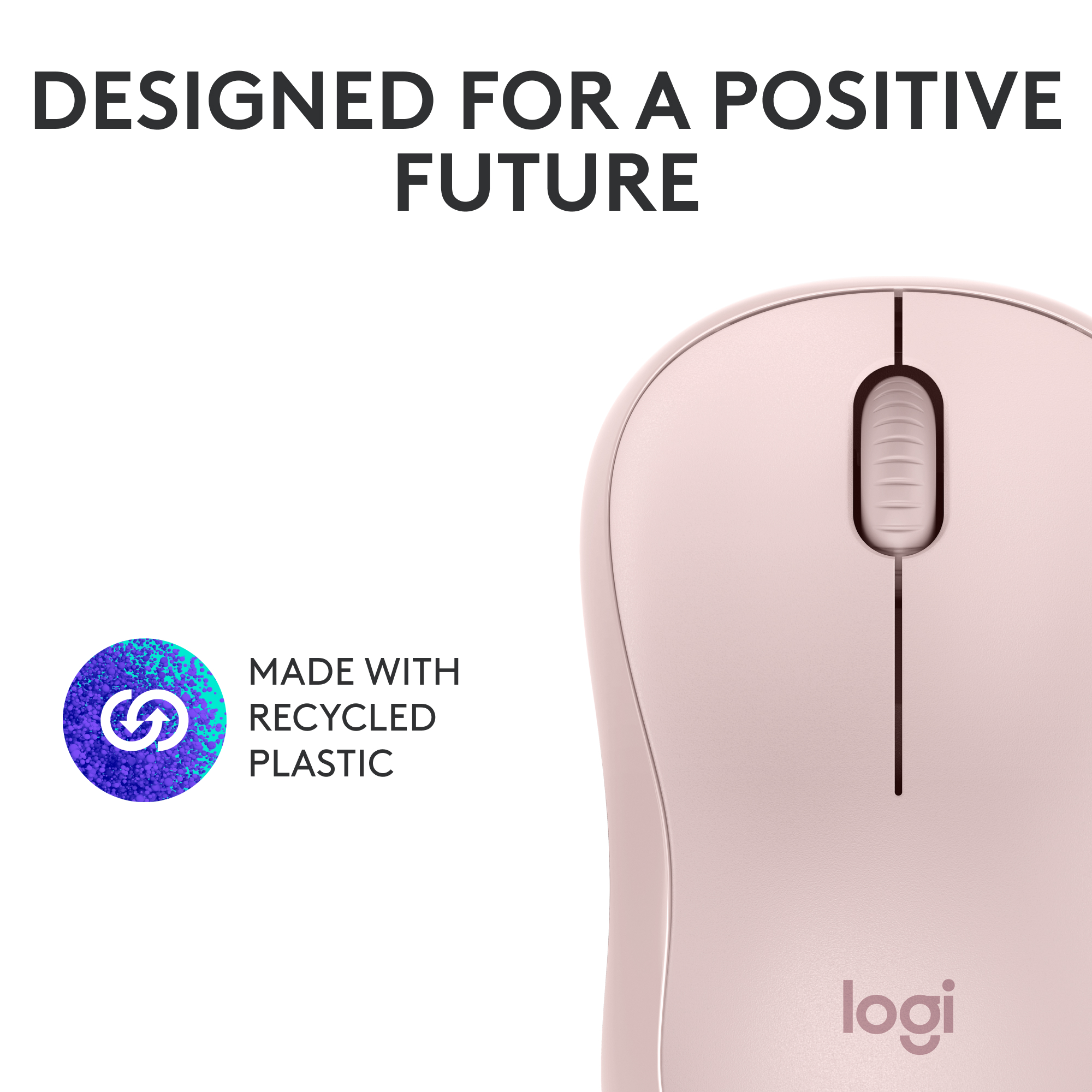Souris rose, avec logo, entourée de texte et d'icônes.