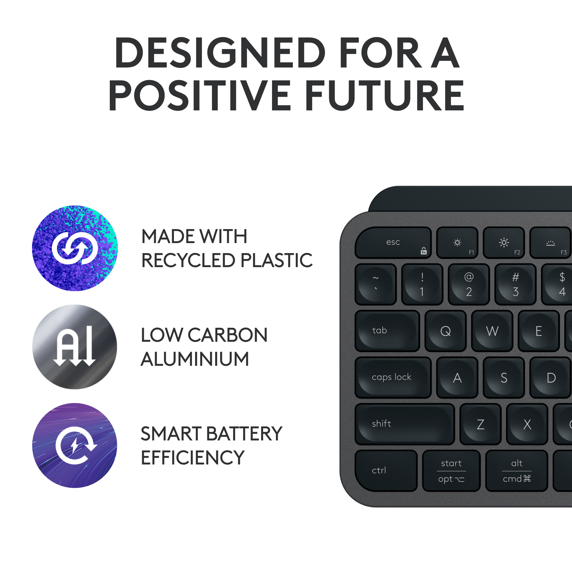 Clavier noir avec texte, un logo et des icônes, indiquant le plastique recyclé et l'aluminium à faible teneur en carbone.